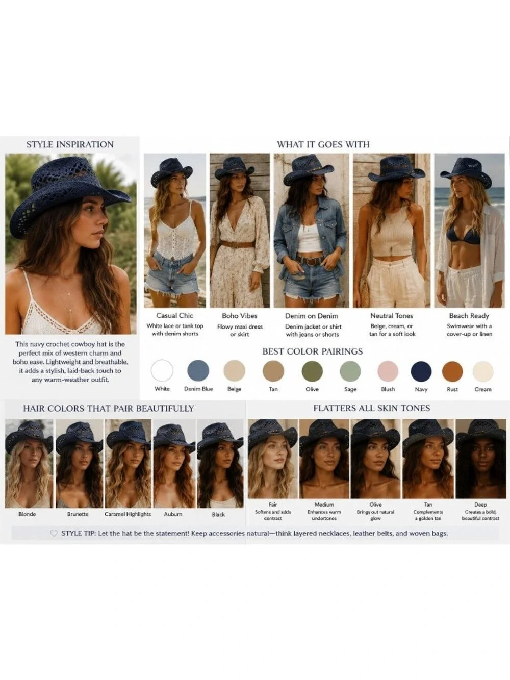 Blue Straw Cowboy Hat Rolled Brim One Size Western Cowgirl Beach
